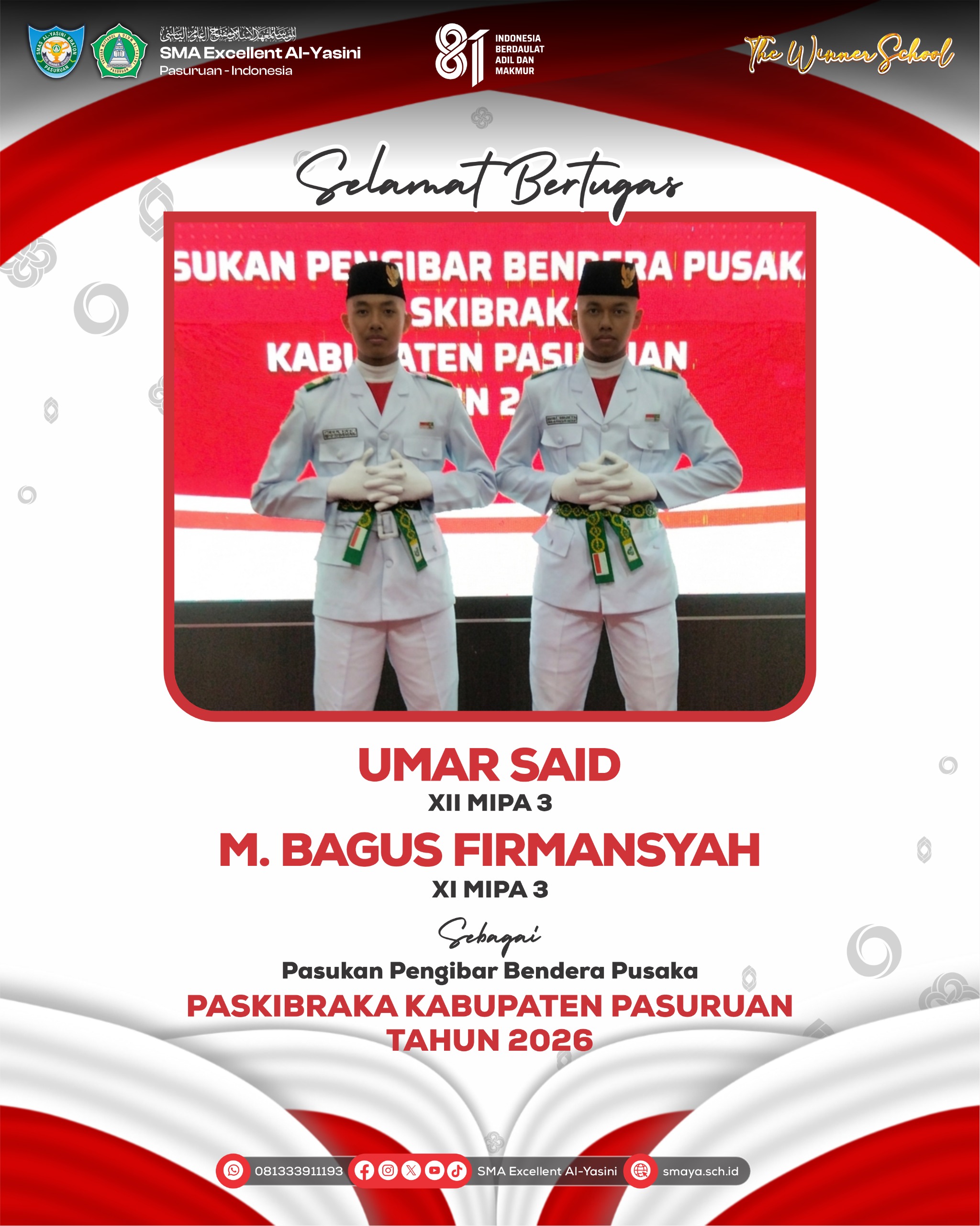 Bangga! Dua Siswa SMA Excellent Al-Yasini Terpilih Sebagai Anggota Paskibraka Kabupaten Pasuruan Tahun 2026